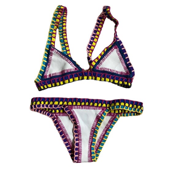 NWOT Kiini Tasmin 2 Pc Bikini White Multi Neon Bikini Bottom SZ SMALL crochet